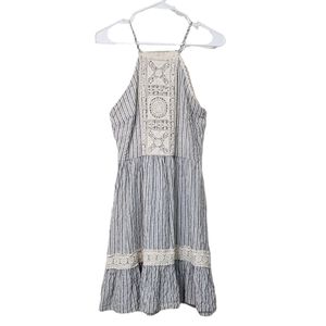 Altar'd State Blue Stripe Crochet Detail Cotton Linen Ruffle Hem Dress Size S